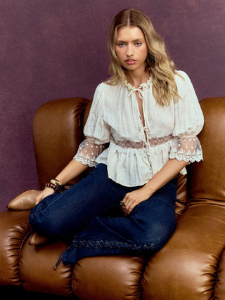 Round Neckline Lace Beaded Puff Sleeve Blouse
