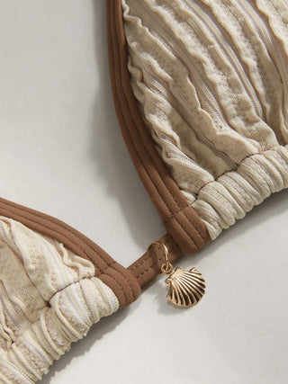 Textured V-neck Triangle Bikini Set With Shell Charm