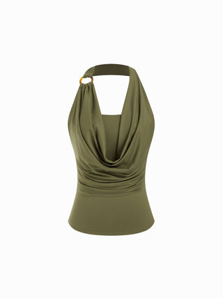Halter Neckline O-Ring Ruched Draped Top