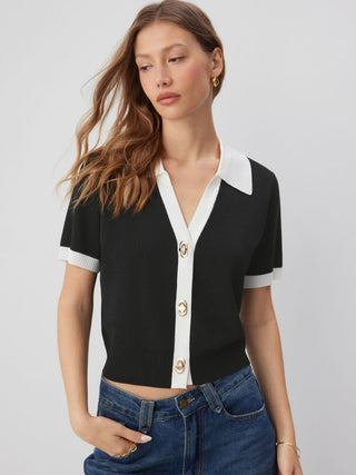 Knit Collar Colorblock Metal Button Short Sleeve Top