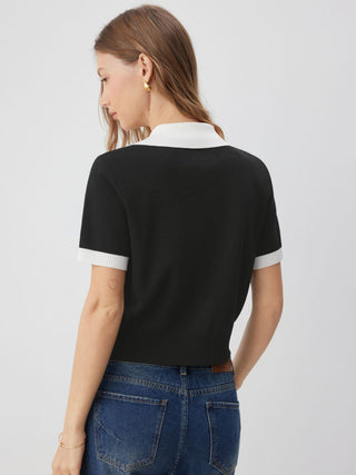 Knit Collar Colorblock Metal Button Short Sleeve Top