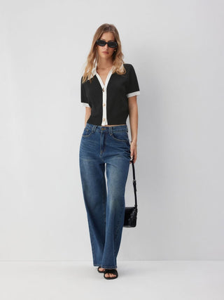 Knit Collar Colorblock Metal Button Short Sleeve Top