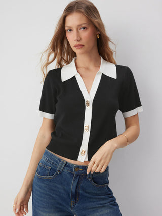 Knit Collar Colorblock Metal Button Short Sleeve Top