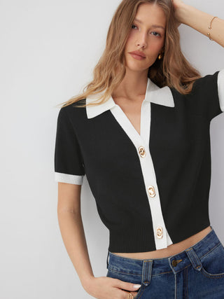 Knit Collar Colorblock Metal Button Short Sleeve Top