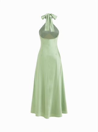 Satin Halter Neck Twist Knotted A-line Maxi Dress