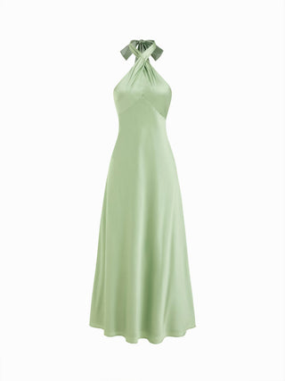 Satin Halter Neck Twist Knotted A-line Maxi Dress