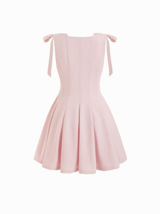 Bowknot Boat Neck Sleeveless Pleated Flared Mini Dress