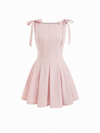 Bowknot Boat Neck Sleeveless Pleated Flared Mini Dress