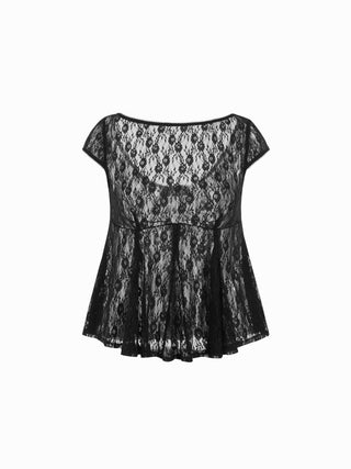 Lace Boat Neck Short Sleeve Backless Blouse & Cami Top Set