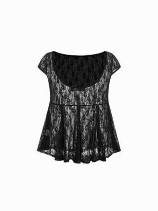 Lace Boat Neck Short Sleeve Backless Blouse & Cami Top Set