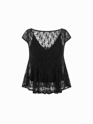 Lace Boat Neck Short Sleeve Backless Blouse & Cami Top Set