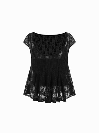 Lace Boat Neck Short Sleeve Backless Blouse & Cami Top Set