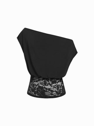 Asymmetrical Neck Floral Lace Ruched Top