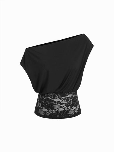 Asymmetrical Neck Floral Lace Ruched Top