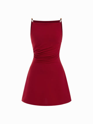 Square Neck Beaded Ruched A-line Cami Mini Dress