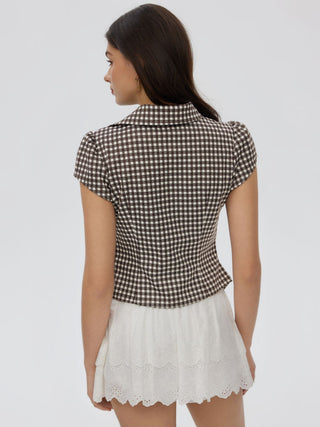 Woven Gingham Puff Sleeve Ruched Asymmetrical Hem Top For Daily Casual