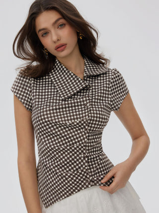 Woven Gingham Puff Sleeve Ruched Asymmetrical Hem Top For Daily Casual