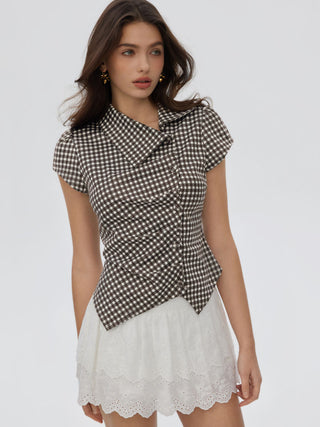 Woven Gingham Puff Sleeve Ruched Asymmetrical Hem Top For Daily Casual