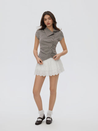 Woven Gingham Puff Sleeve Ruched Asymmetrical Hem Top For Daily Casual