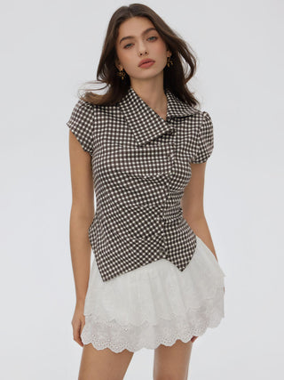 Woven Gingham Puff Sleeve Ruched Asymmetrical Hem Top For Daily Casual