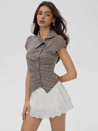 Woven Gingham Puff Sleeve Ruched Asymmetrical Hem Top For Daily Casual