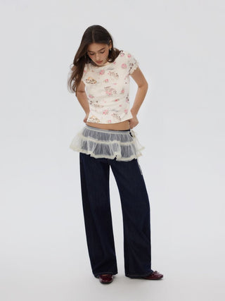 Cat & Floral Graphic Jacquard Puff Sleeve Tee