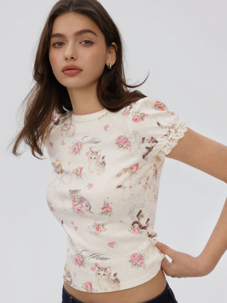 Cat & Floral Graphic Jacquard Puff Sleeve Tee
