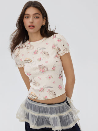 Cat & Floral Graphic Jacquard Puff Sleeve Tee