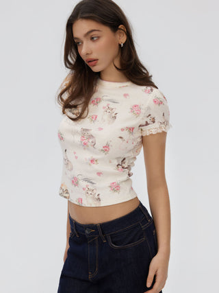 Cat & Floral Graphic Jacquard Puff Sleeve Tee