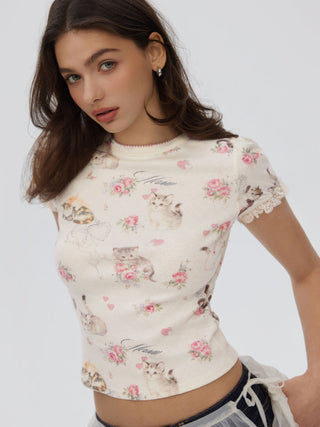 Cat & Floral Graphic Jacquard Puff Sleeve Tee