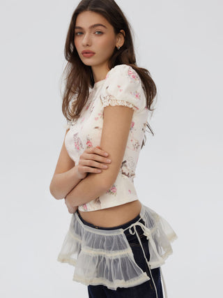 Cat & Floral Graphic Jacquard Puff Sleeve Tee