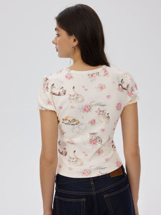 Cat & Floral Graphic Jacquard Puff Sleeve Tee