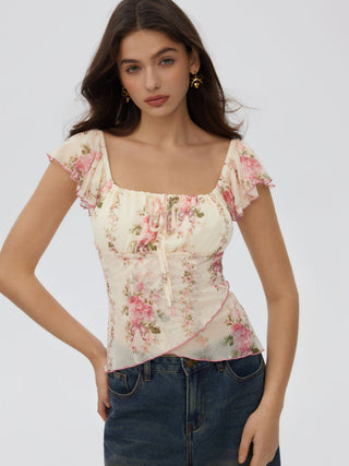 Chiffon Floral Square Neck Twist Knotted Ruffle Sleeve Crop Top