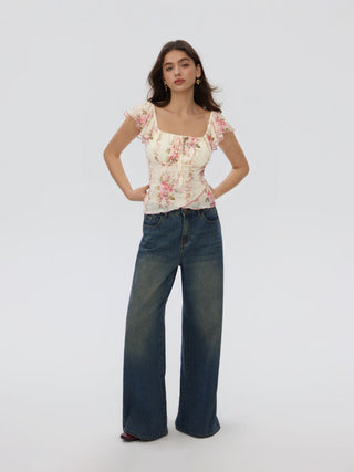 Chiffon Floral Square Neck Twist Knotted Ruffle Sleeve Crop Top