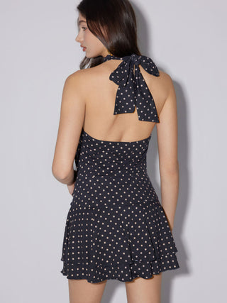 Chiffon Polka Dot Halter Neckline Ruffled Tie Back Mini Dress