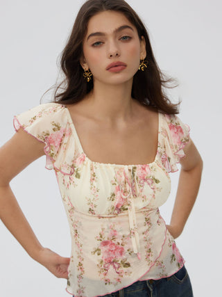 Chiffon Floral Square Neck Twist Knotted Ruffle Sleeve Crop Top