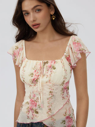 Chiffon Floral Square Neck Twist Knotted Ruffle Sleeve Crop Top