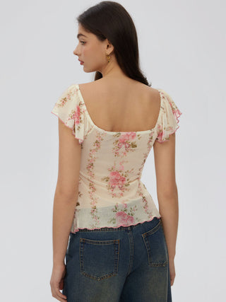 Chiffon Floral Square Neck Twist Knotted Ruffle Sleeve Crop Top