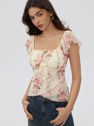 Chiffon Floral Square Neck Twist Knotted Ruffle Sleeve Crop Top
