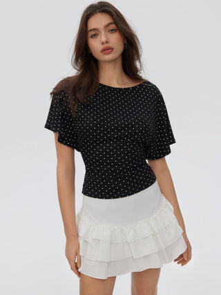 Boat Neck Polka Dot Batwing Sleeve Oversized Tee