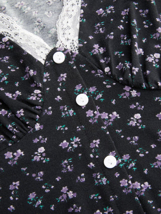 Ditsy Floral V-neck Lace Trim High Rise A-line Mini Dress