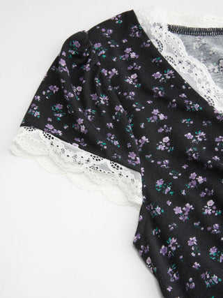 Ditsy Floral V-neck Lace Trim High Rise A-line Mini Dress