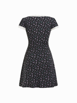 Ditsy Floral V-neck Lace Trim High Rise A-line Mini Dress