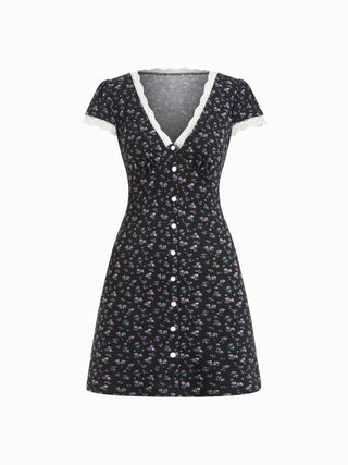 Ditsy Floral V-neck Lace Trim High Rise A-line Mini Dress