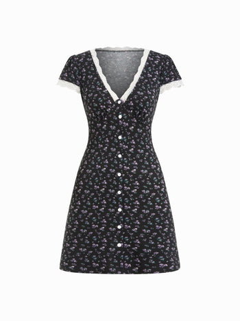 Ditsy Floral V-neck Lace Trim High Rise A-line Mini Dress