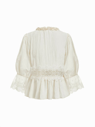 Round Neckline Lace Beaded Puff Sleeve Blouse