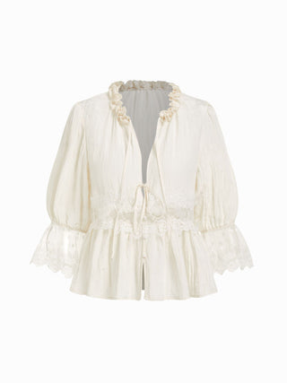 Round Neckline Lace Beaded Puff Sleeve Blouse