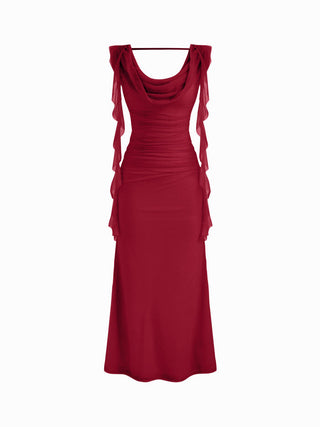 Cowl Neck Solid Ruffle Hem Ruched Maxi Dress