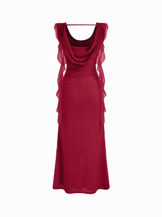 Cowl Neck Solid Ruffle Hem Ruched Maxi Dress