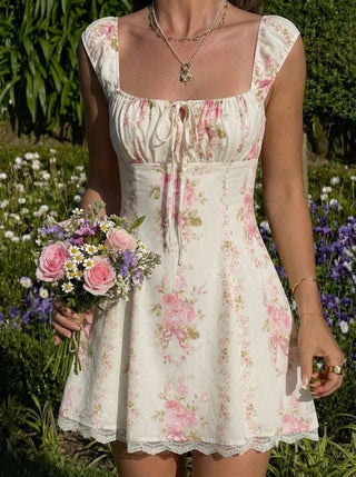 Square Neck Floral Knotted Mini Dress